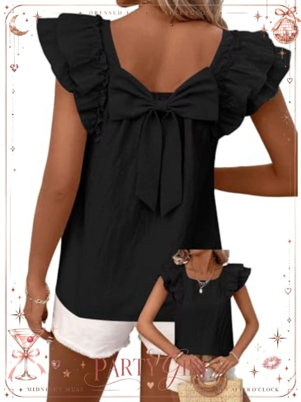 Womens Bow Tie Back Babydoll Ruffle Short Sleeve Vneck Tunic Top